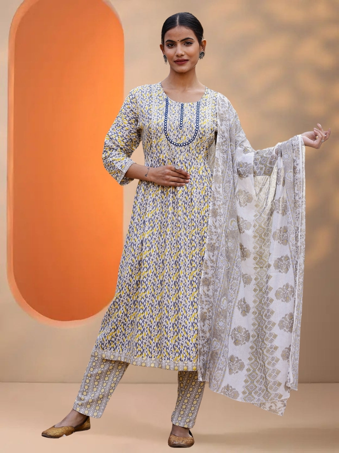 Grey & Mustard Abstract Printed Kurta Set With Dupatta