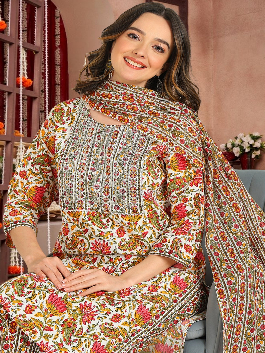 Floral Print Cotton Kurta Set With Dupatta White & Multicolor