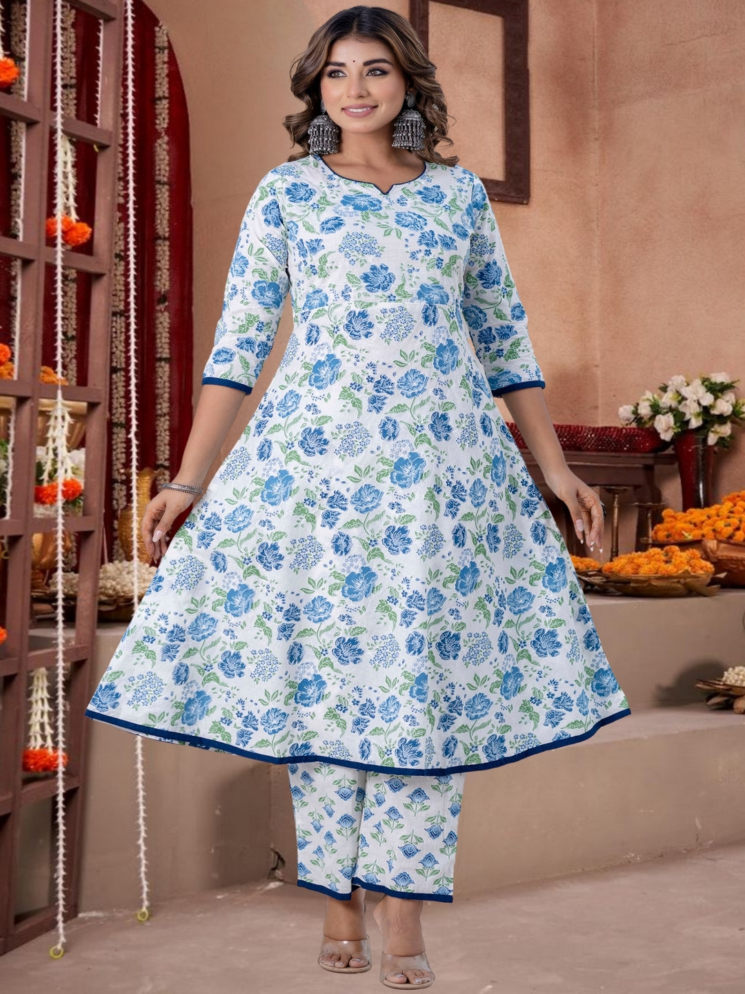 Blue & Green Floral Printed Cotton Kurta Set With Dupatta
