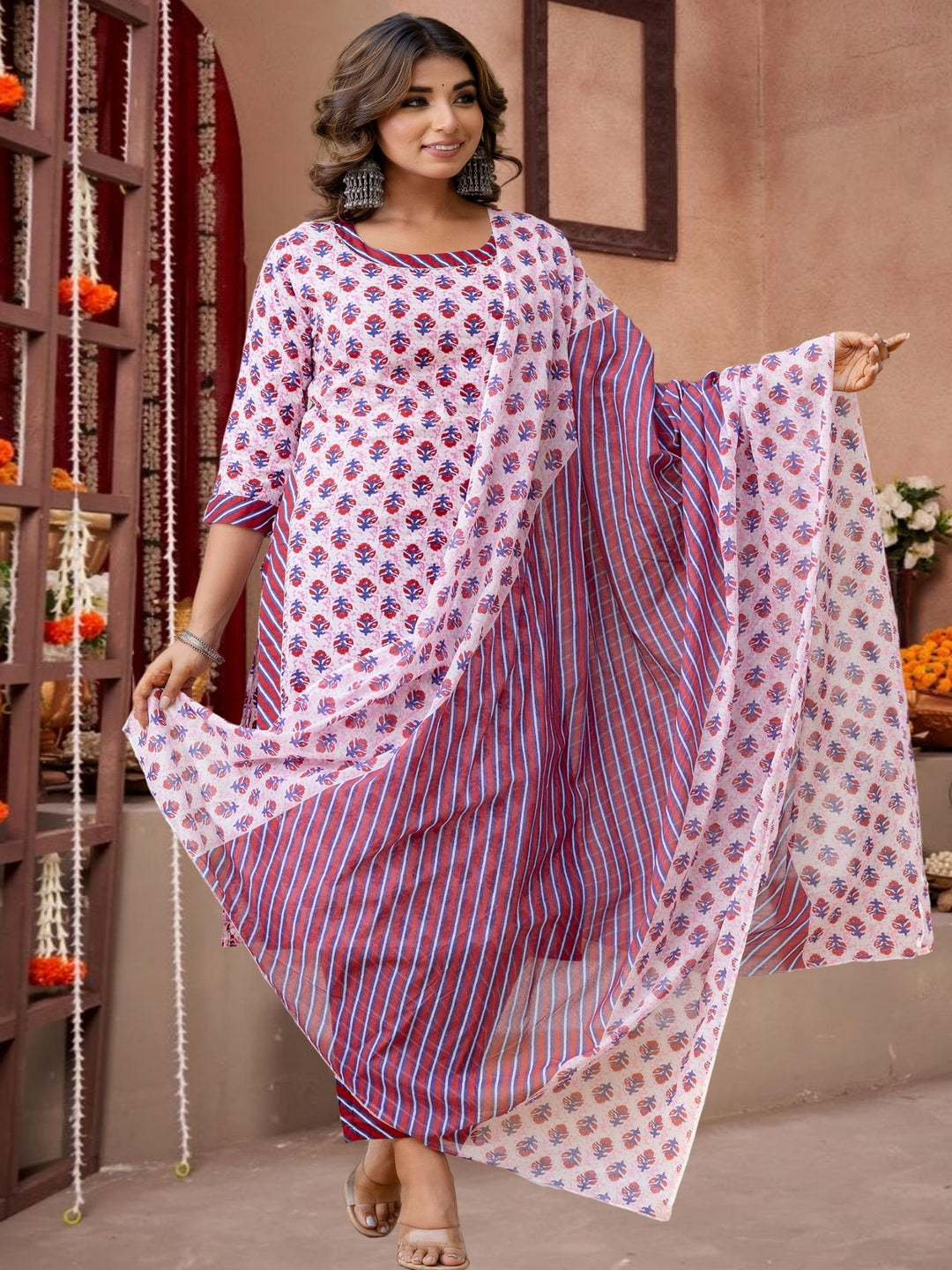 Maroon & Pink Floral Printed Cotton Kurta Set With Dupatta