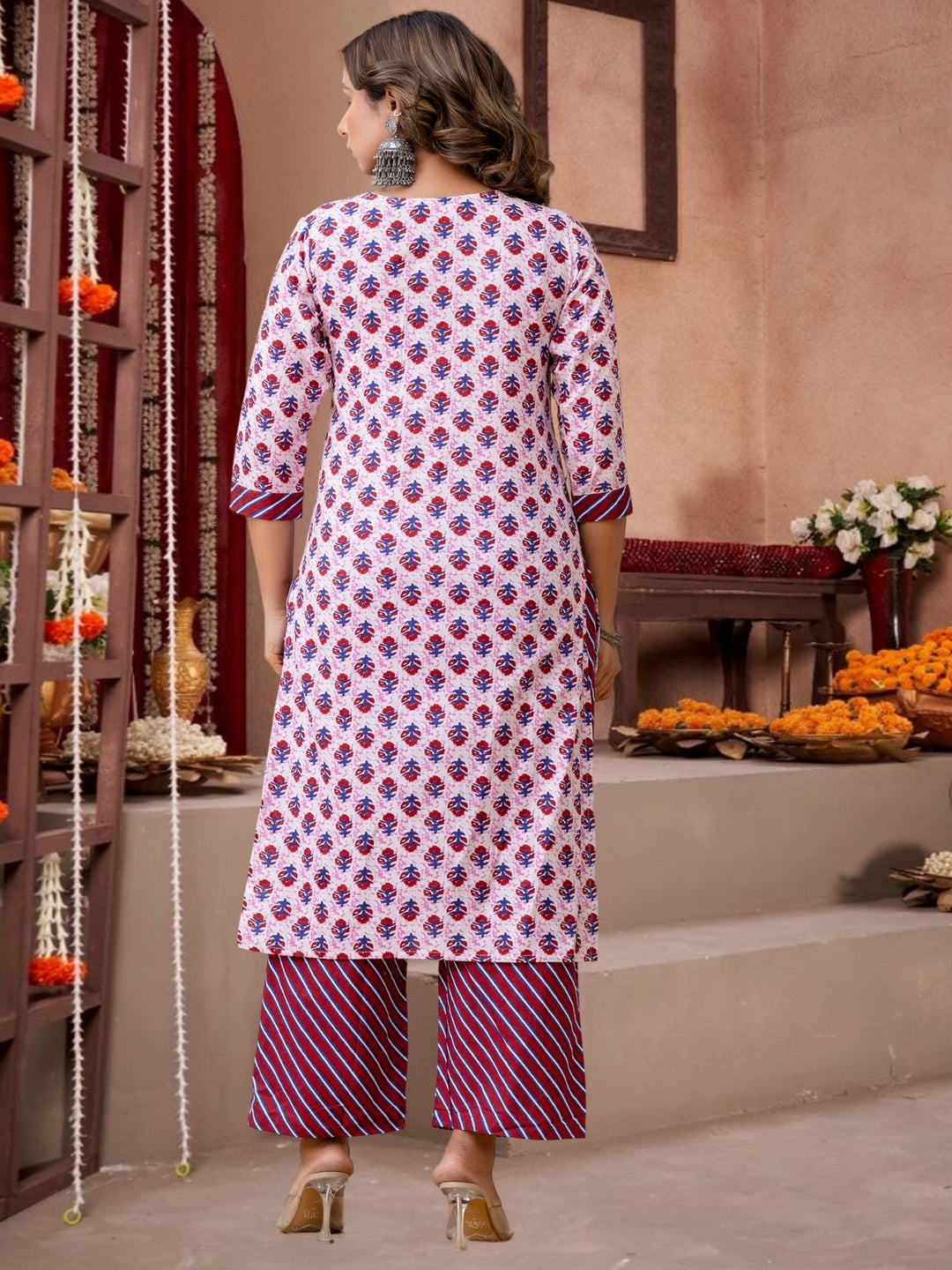 Maroon & Pink Floral Printed Cotton Kurta Set With Dupatta