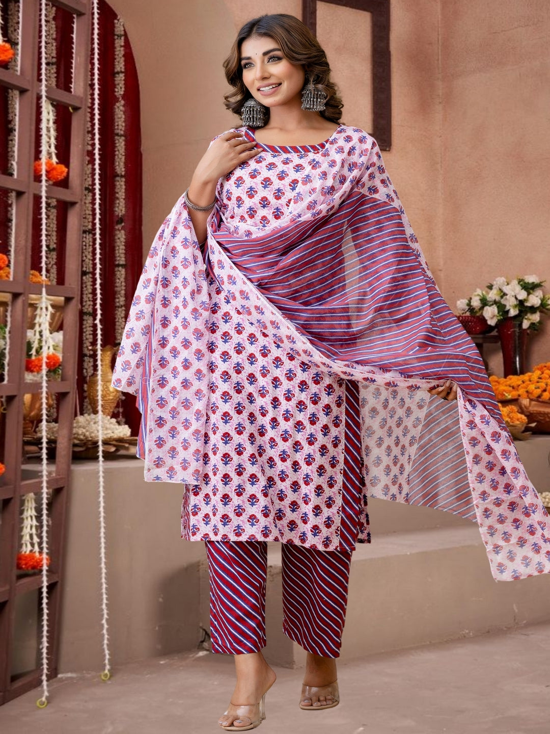 Maroon & Pink Floral Printed Cotton Kurta Set With Dupatta