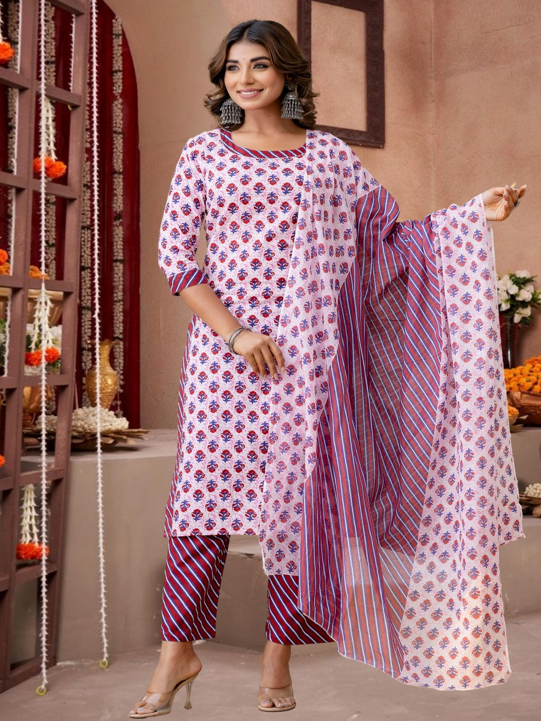 Maroon & Pink Floral Printed Cotton Kurta Set With Dupatta