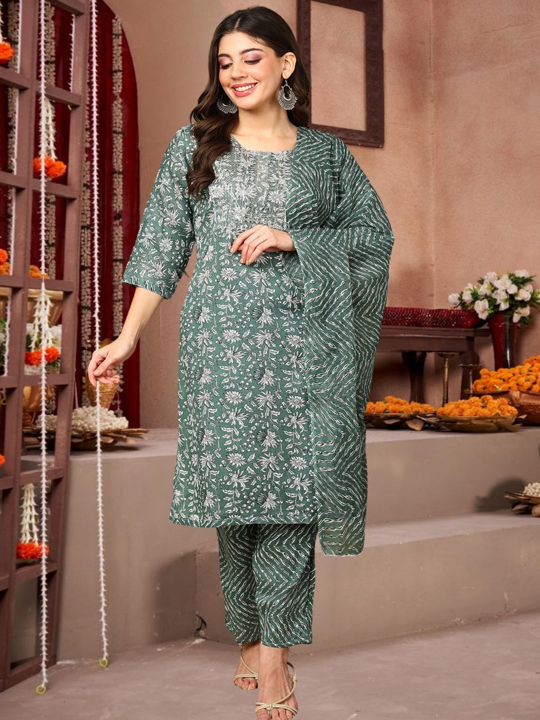 Dark Green Floral Printed Cotton Kurta Set With Dupatta