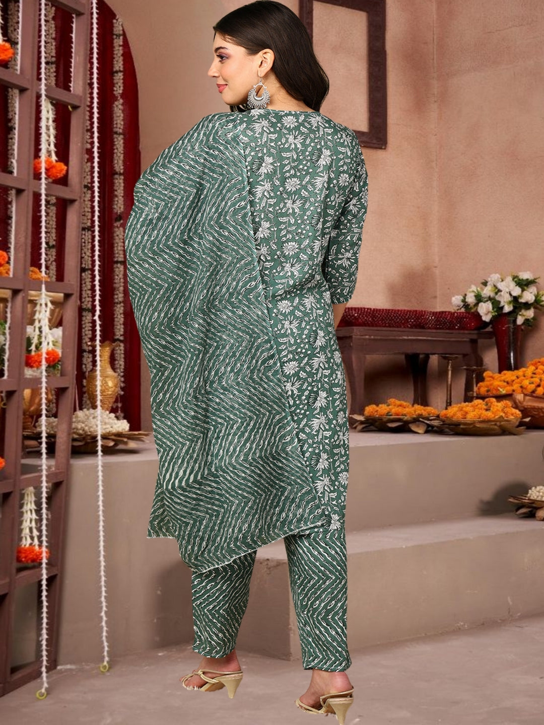 Dark Green Floral Printed Cotton Kurta Set With Dupatta