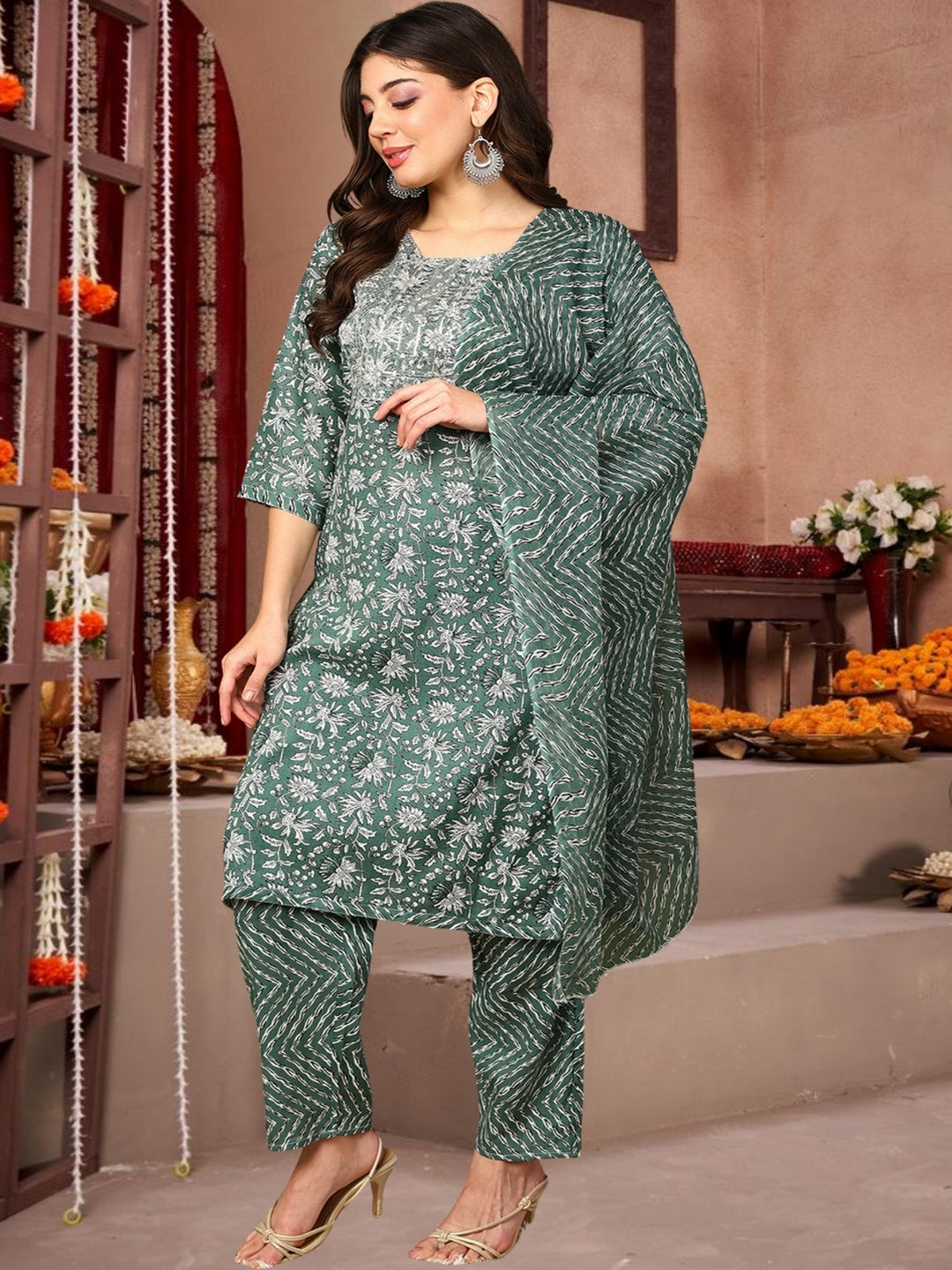 Dark Green Floral Printed Cotton Kurta Set With Dupatta