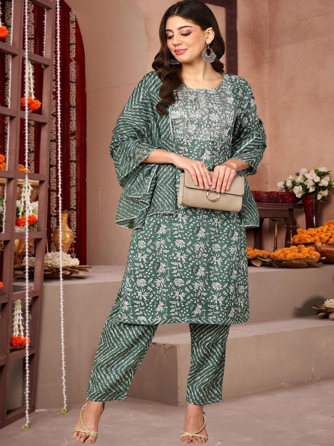 Dark Green Floral Printed Cotton Kurta Set With Dupatta