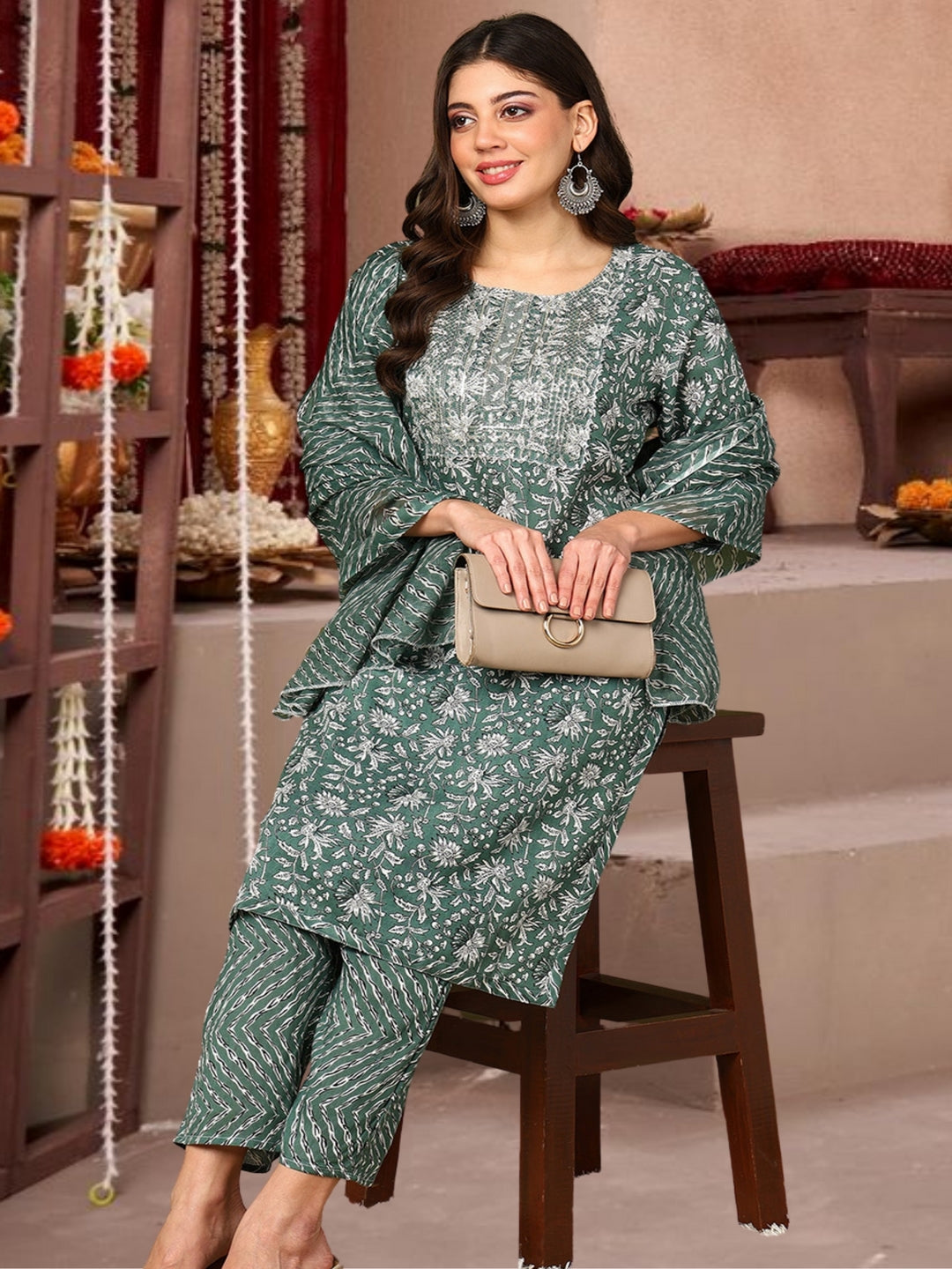 Dark Green Floral Printed Cotton Kurta Set With Dupatta