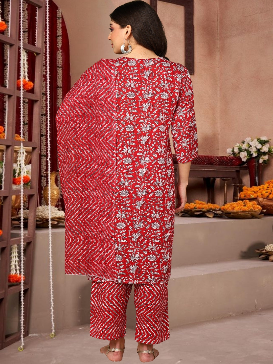Red Floral Printed Cotton Kurta Set With Dupatta