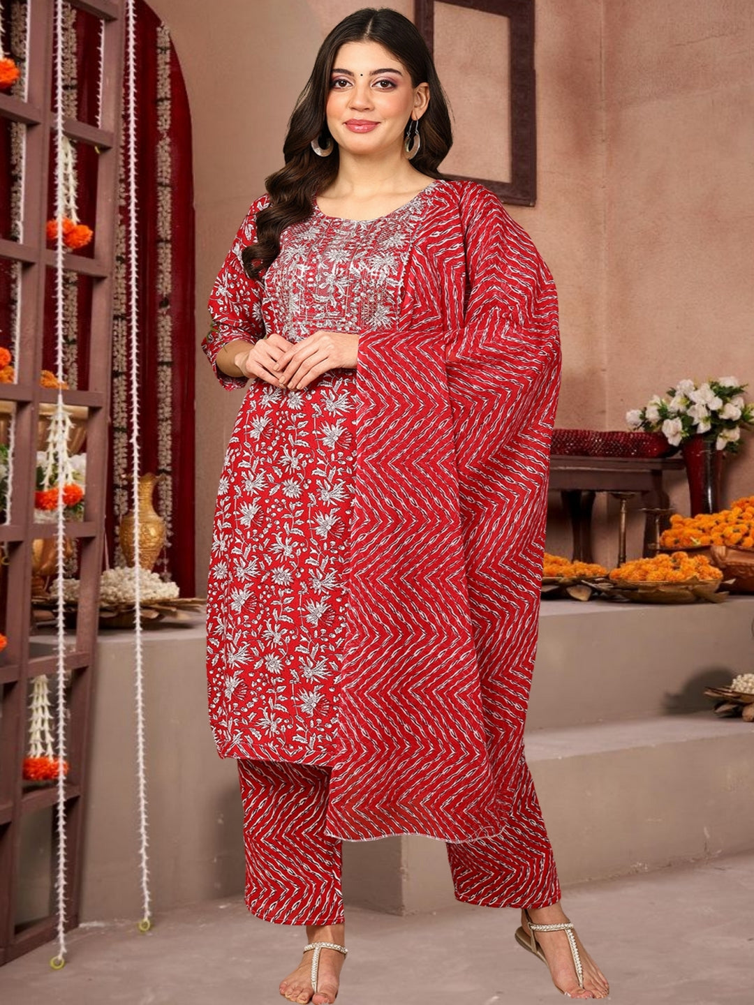 Red Floral Printed Cotton Kurta Set With Dupatta