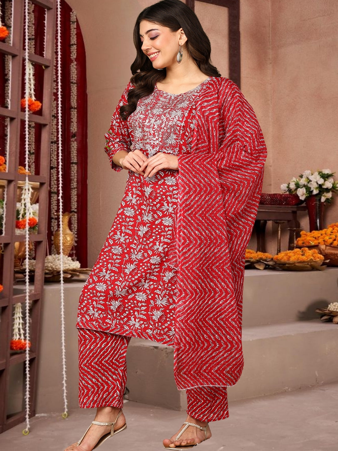 Red Floral Printed Cotton Kurta Set With Dupatta