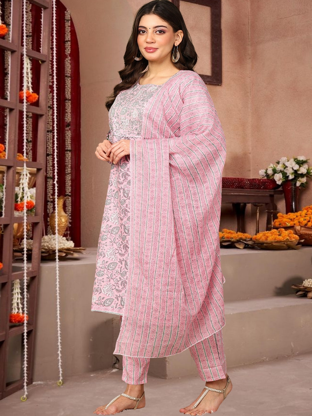 Pink Floral Printed Cotton Kurta Set With Dupatta