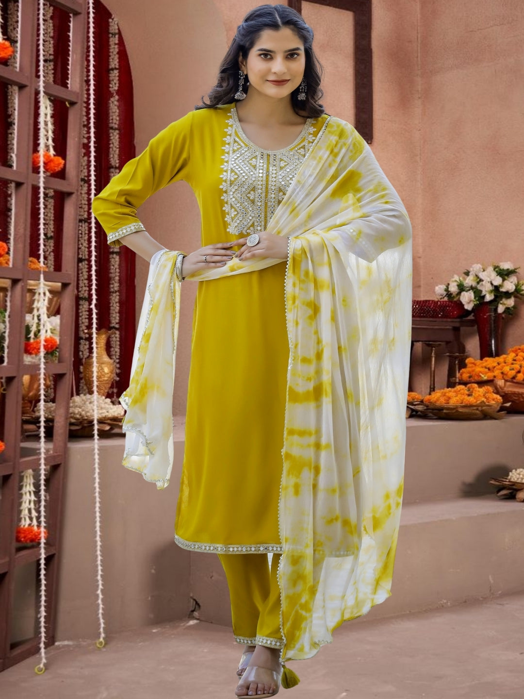 Yellow Embroidered Cotton Kurta Set With Tie-Dye Dupatta