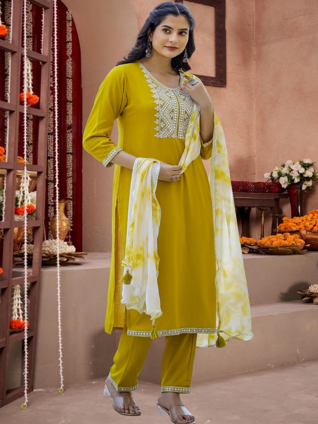 Yellow Embroidered Cotton Kurta Set With Tie-Dye Dupatta