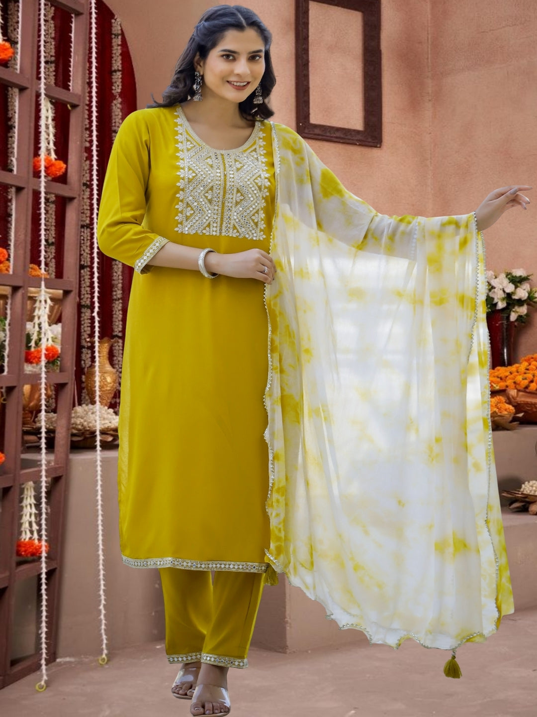 Yellow Embroidered Cotton Kurta Set With Tie-Dye Dupatta