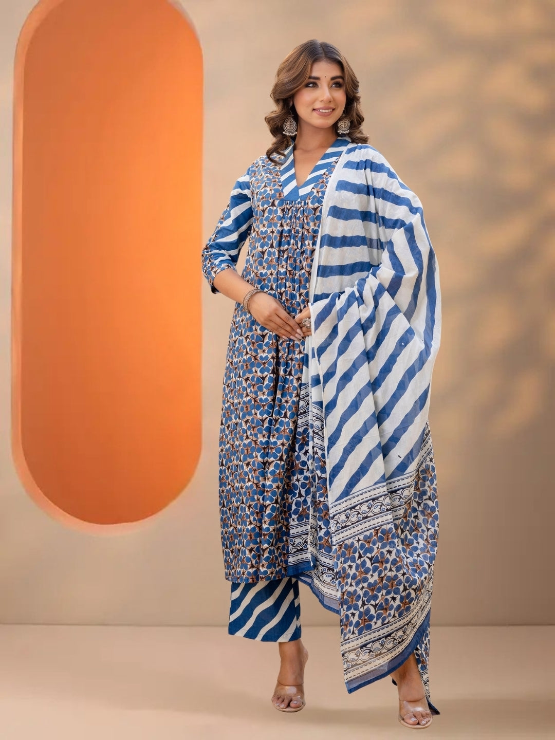 Blue Printed A-Line Kurta Set With Striped Pants & Dupatta.