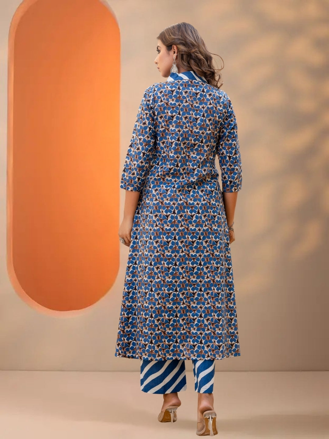 Blue Printed A-Line Kurta Set With Striped Pants & Dupatta.