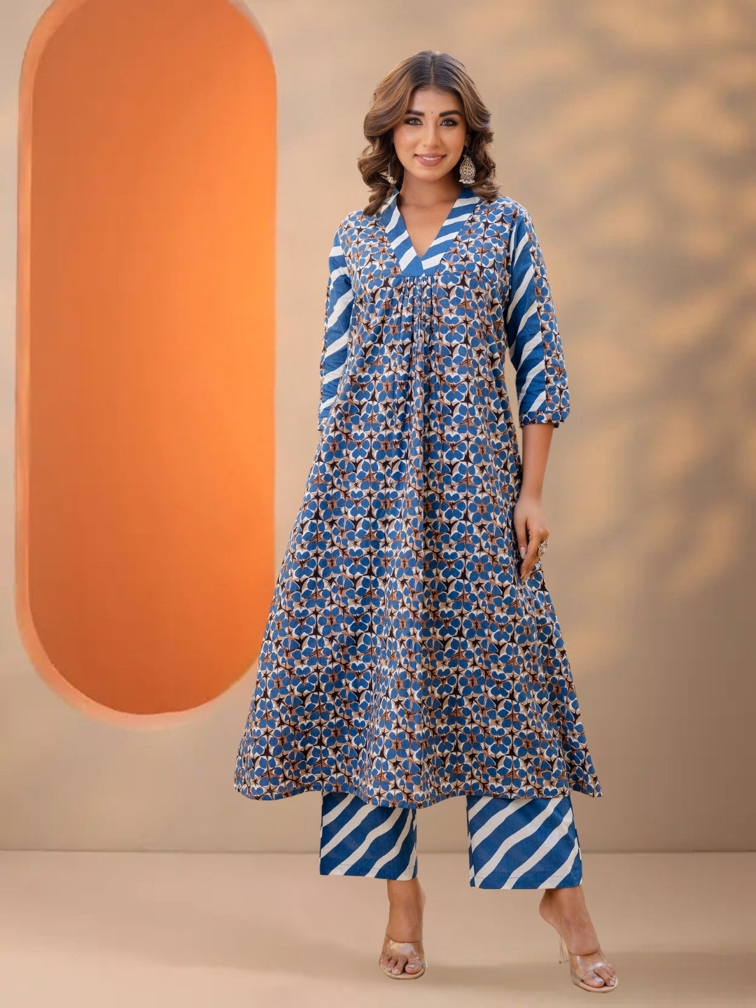Blue Printed A-Line Kurta Set With Striped Pants & Dupatta.