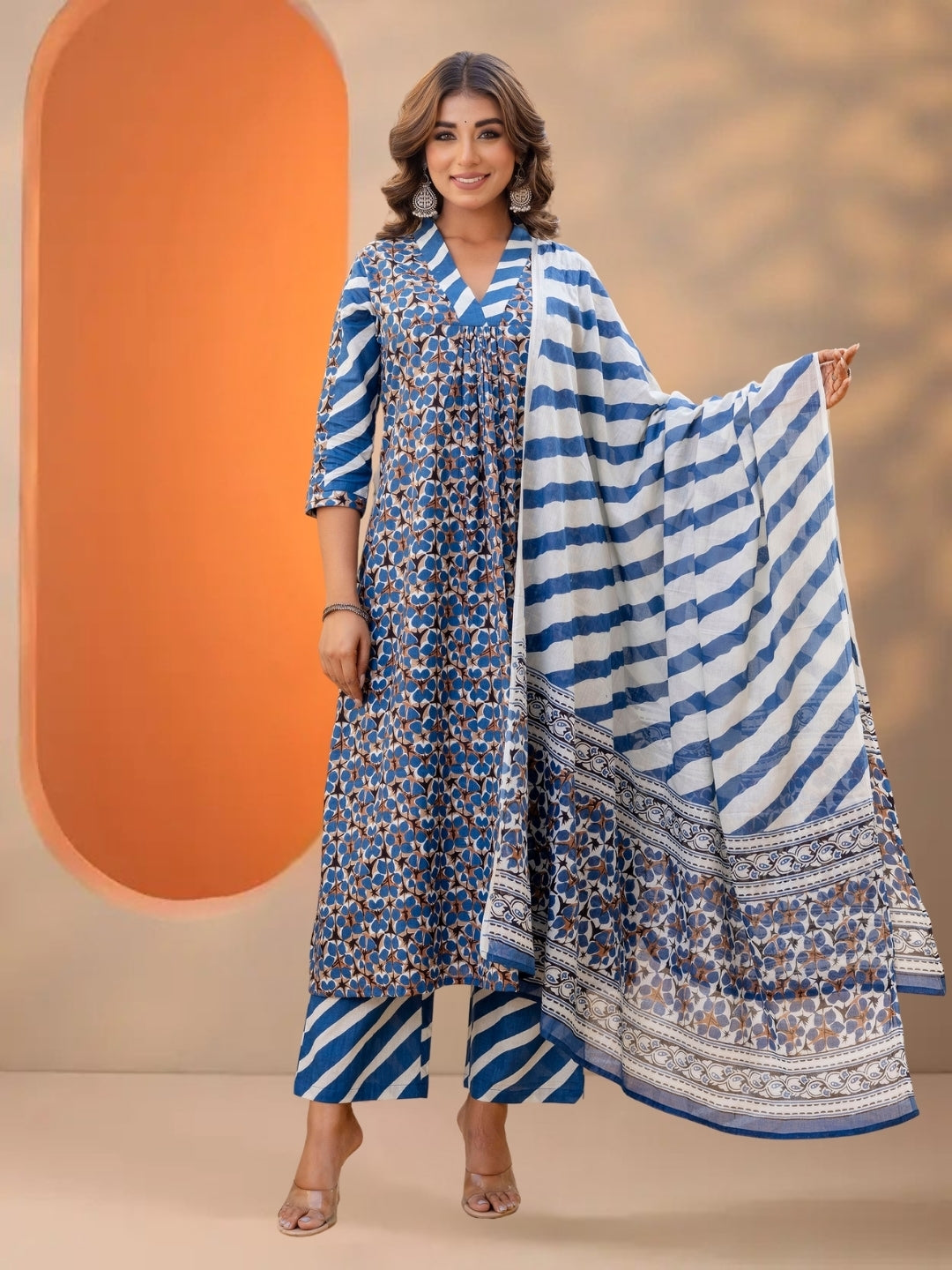 Blue Printed A-Line Kurta Set With Striped Pants & Dupatta.