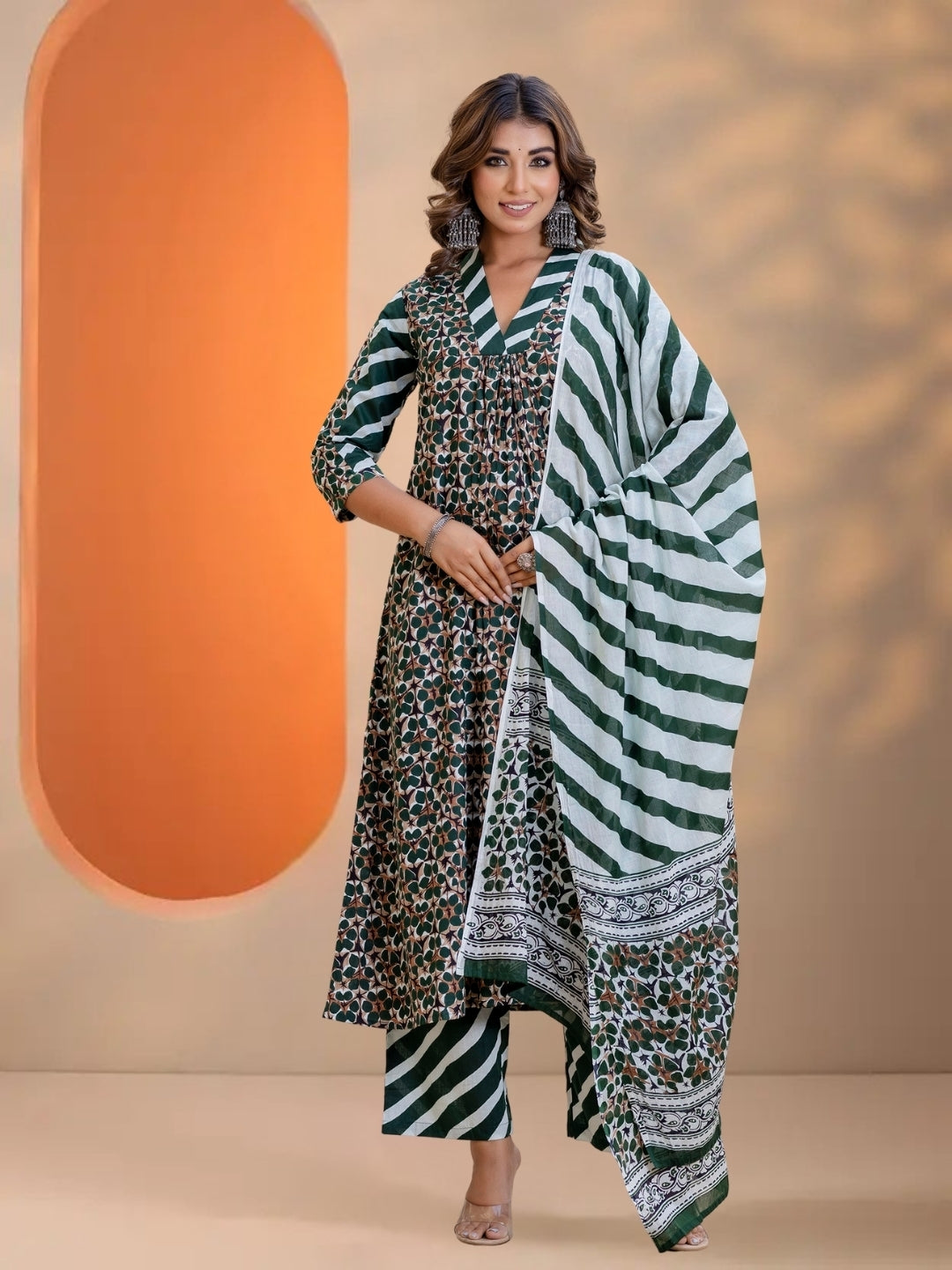 Dark Green Printed A-Line Kurta Set With Striped Pants & Dupatta.
