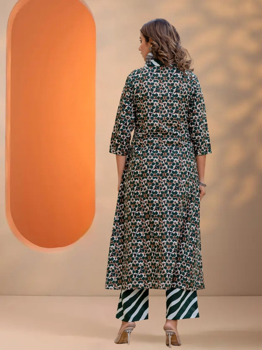Dark Green Printed A-Line Kurta Set With Striped Pants & Dupatta.