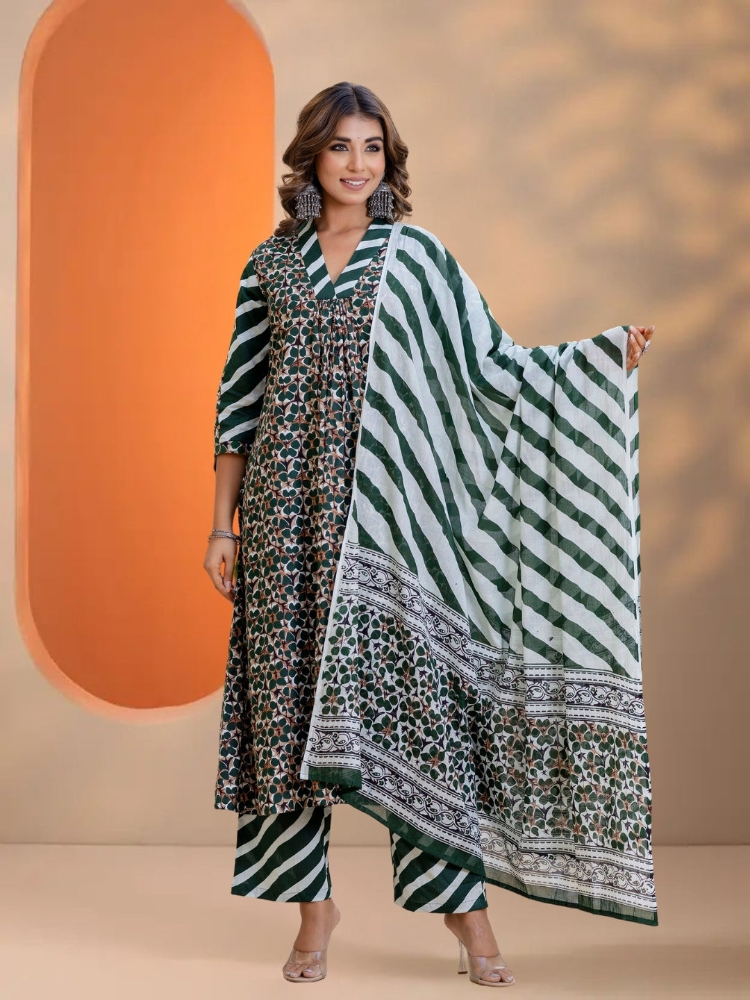 Dark Green Printed A-Line Kurta Set With Striped Pants & Dupatta.