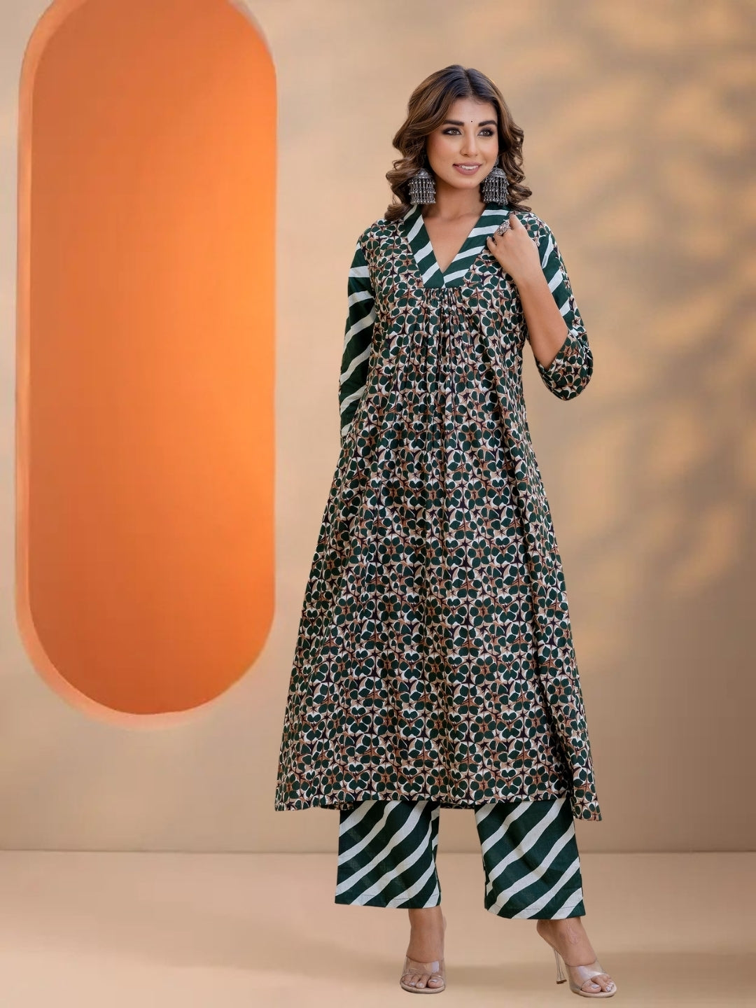 Dark Green Printed A-Line Kurta Set With Striped Pants & Dupatta.