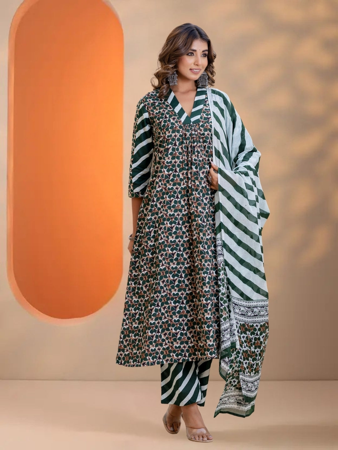 Dark Green Printed A-Line Kurta Set With Striped Pants & Dupatta.