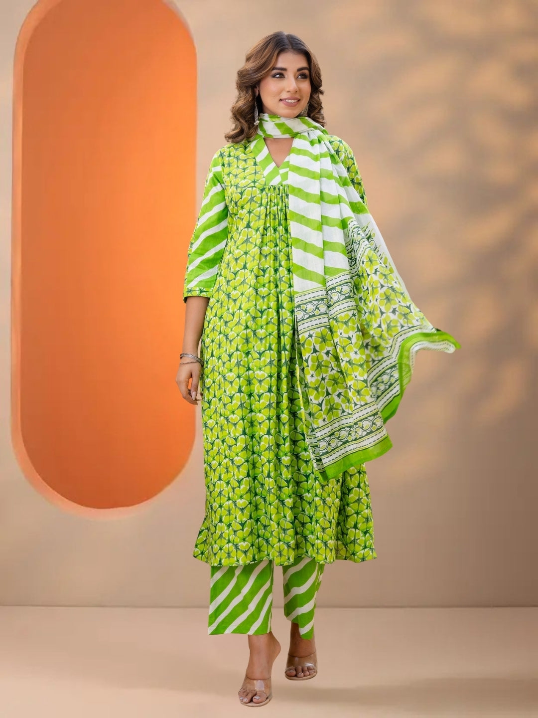 Green Printed A-Line Kurta Set With Striped Pants & Dupatta.