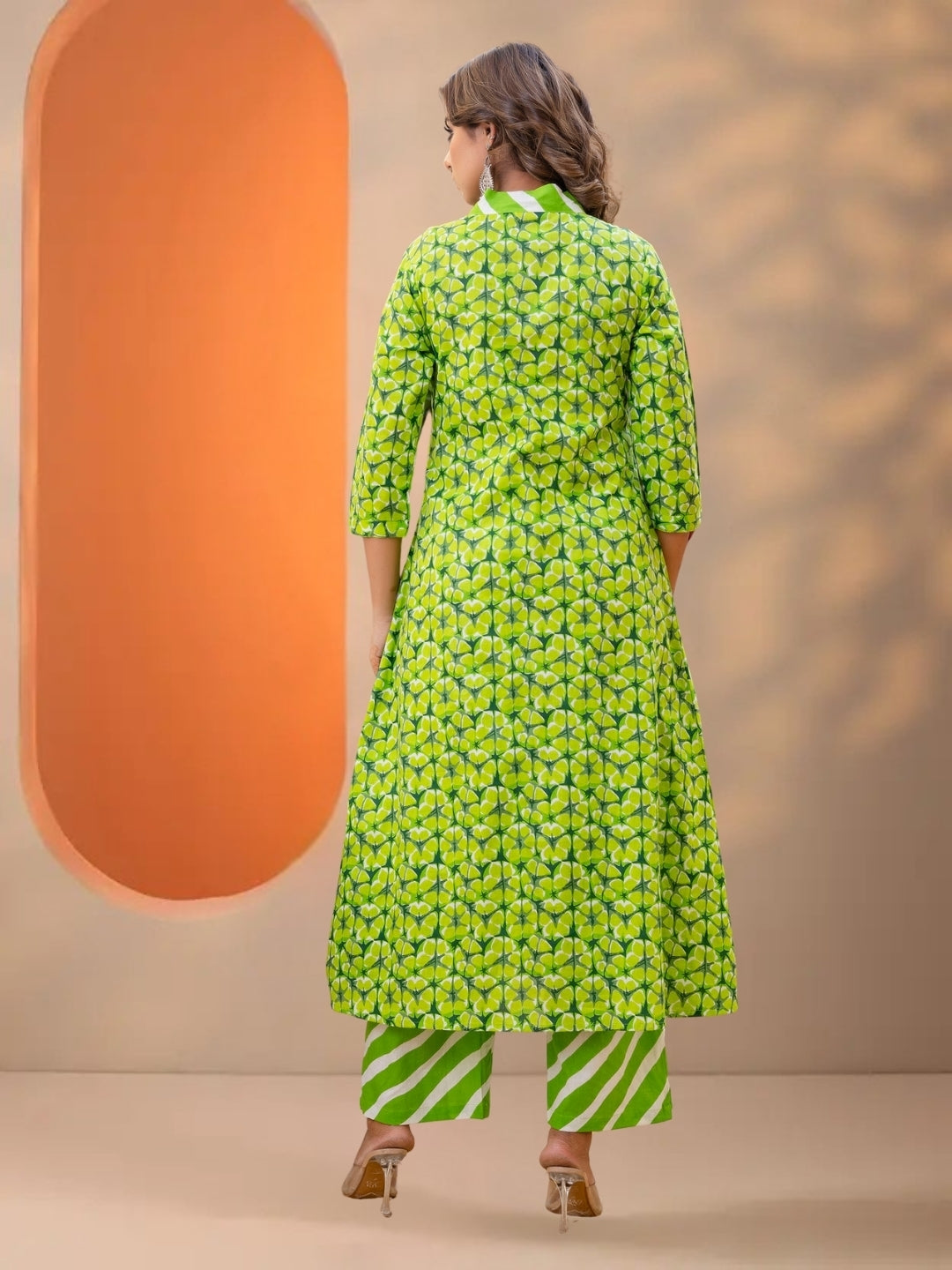 Green Printed A-Line Kurta Set With Striped Pants & Dupatta.