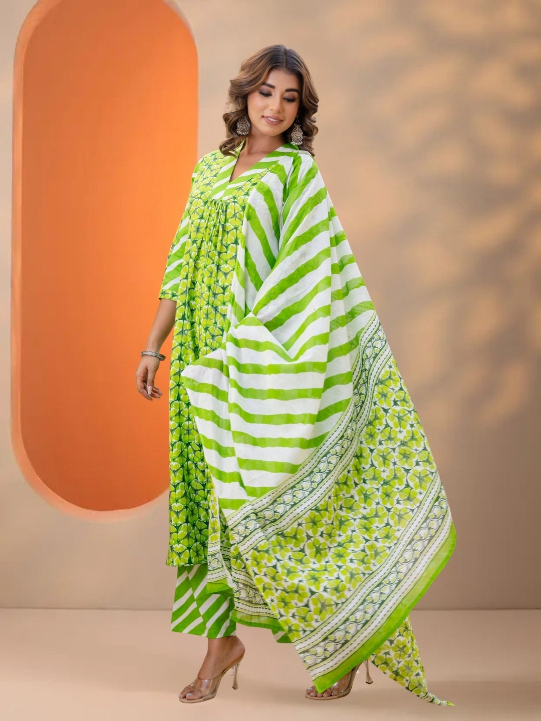 Green Printed A-Line Kurta Set With Striped Pants & Dupatta.