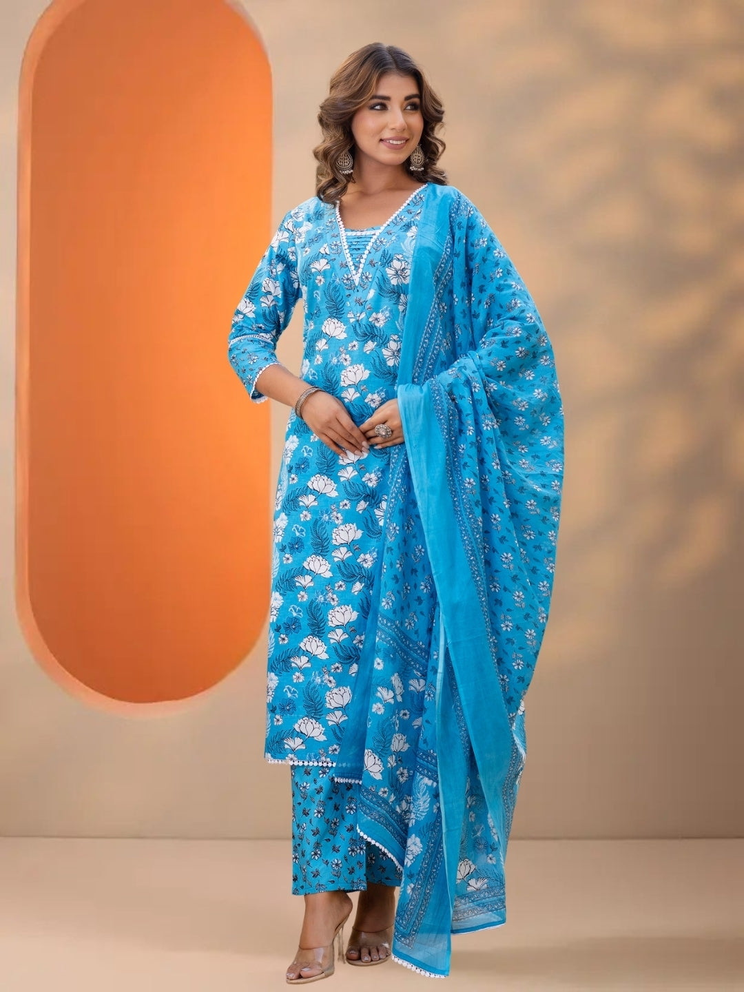 Sky Blue Floral Printed Straight Kurta Set With Dupatta.