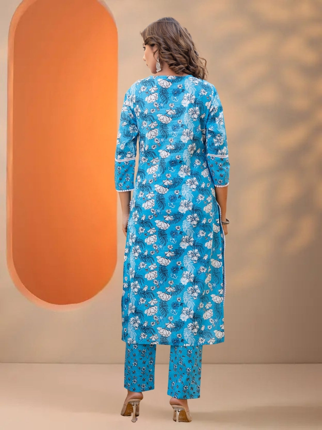 Sky Blue Floral Printed Straight Kurta Set With Dupatta.