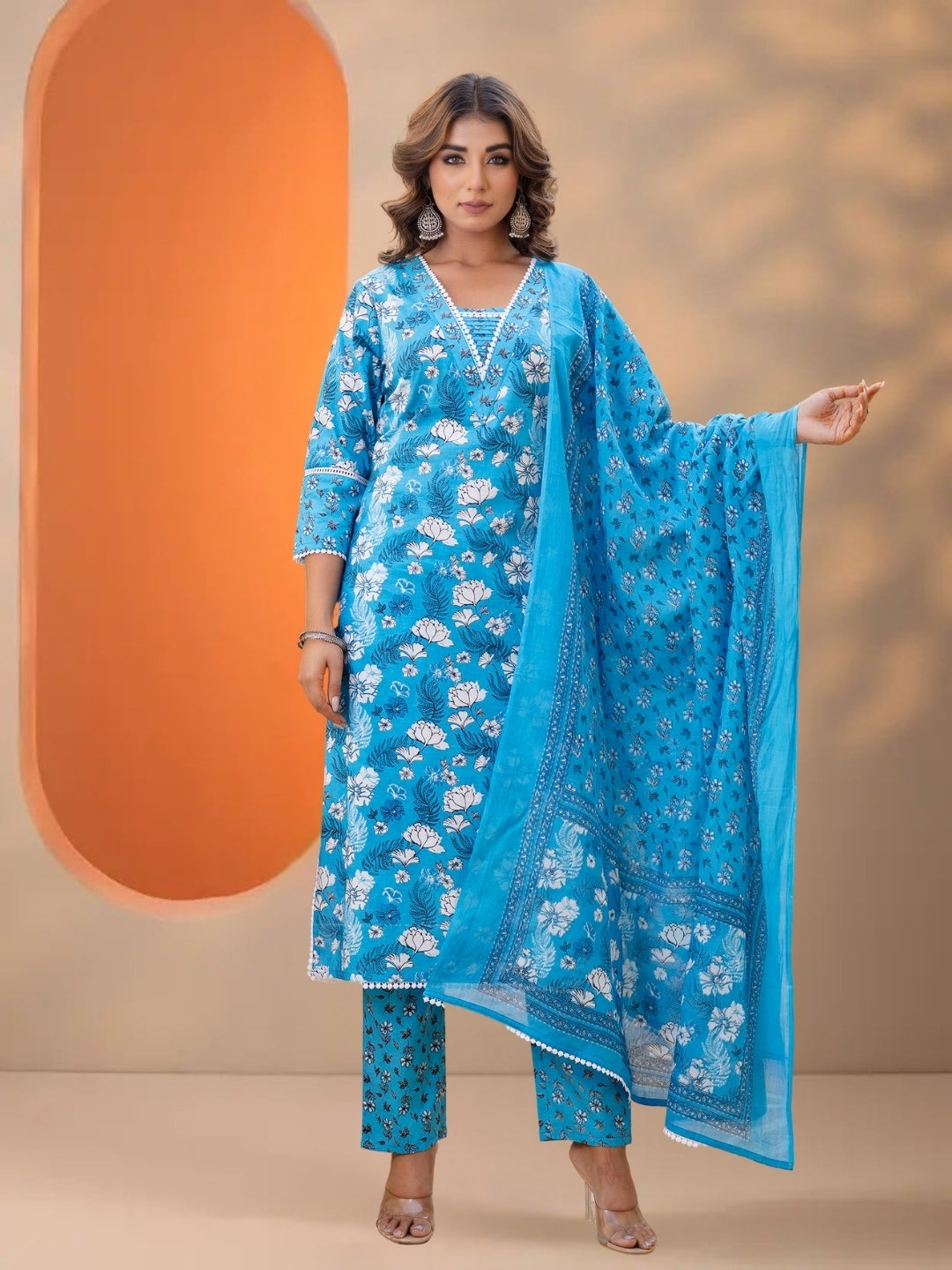 Sky Blue Floral Printed Straight Kurta Set With Dupatta.