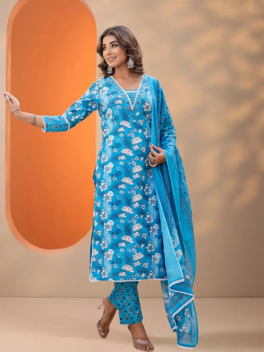 Sky Blue Floral Printed Straight Kurta Set With Dupatta.