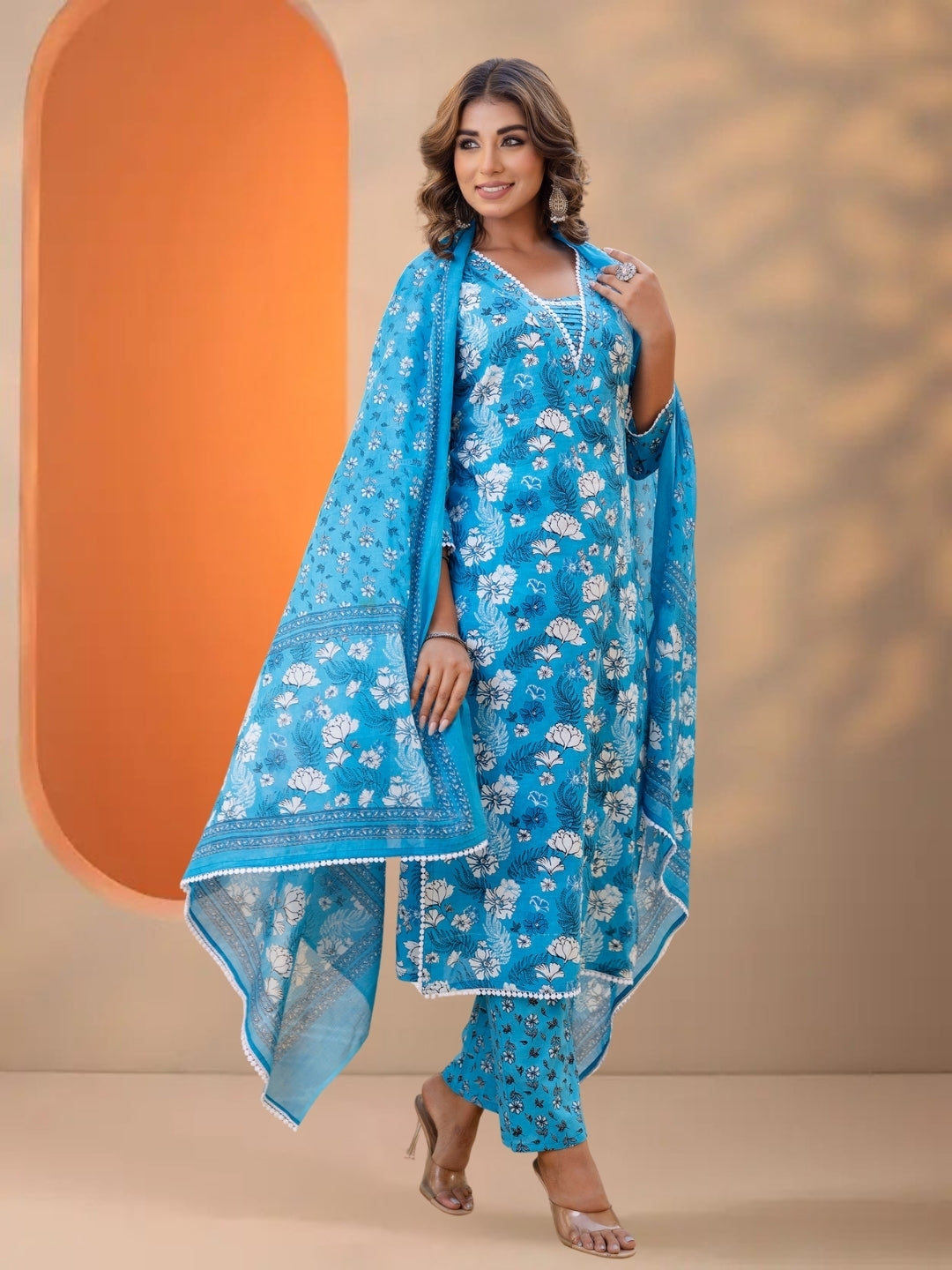 Sky Blue Floral Printed Straight Kurta Set With Dupatta.