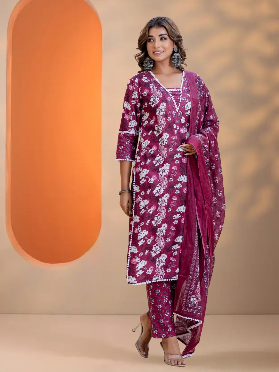 Purple Floral Printed Straight Kurta Set With Dupatta.