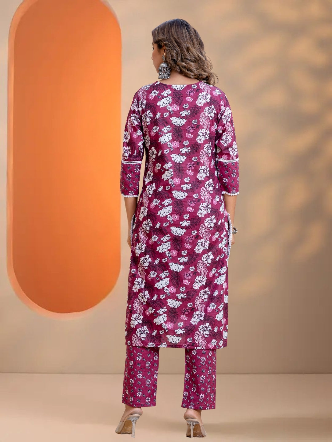 Purple Floral Printed Straight Kurta Set With Dupatta.