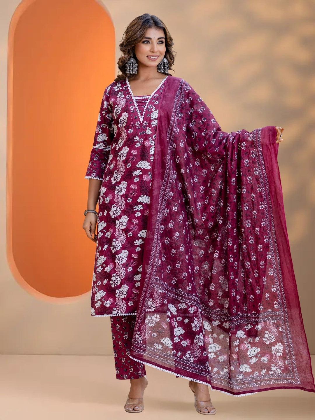 Purple Floral Printed Straight Kurta Set With Dupatta.