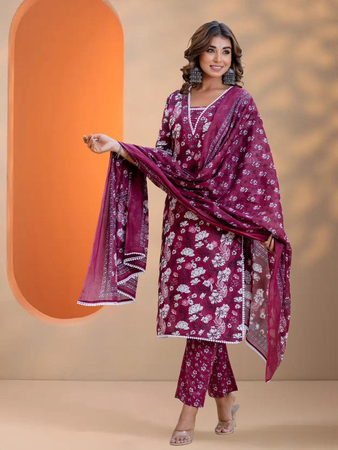 Purple Floral Printed Straight Kurta Set With Dupatta.