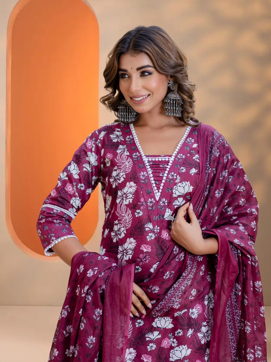Purple Floral Printed Straight Kurta Set With Dupatta.