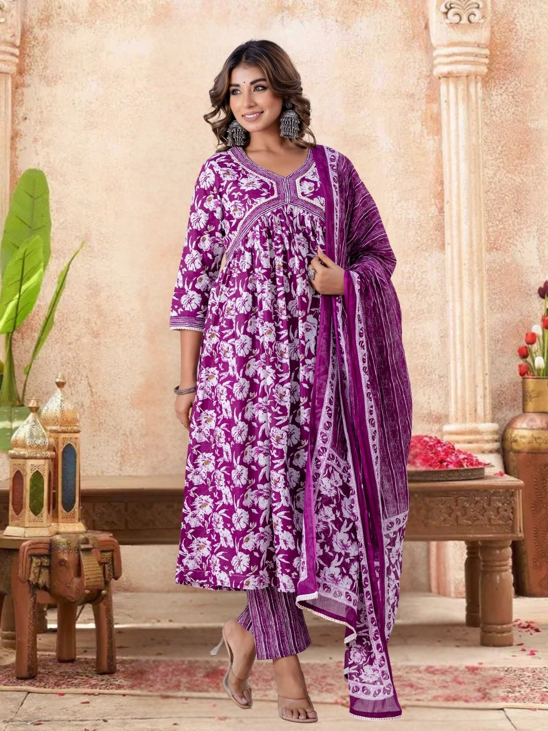 Purple Floral Printed Gathered Kurta Set With Striped Dupatta