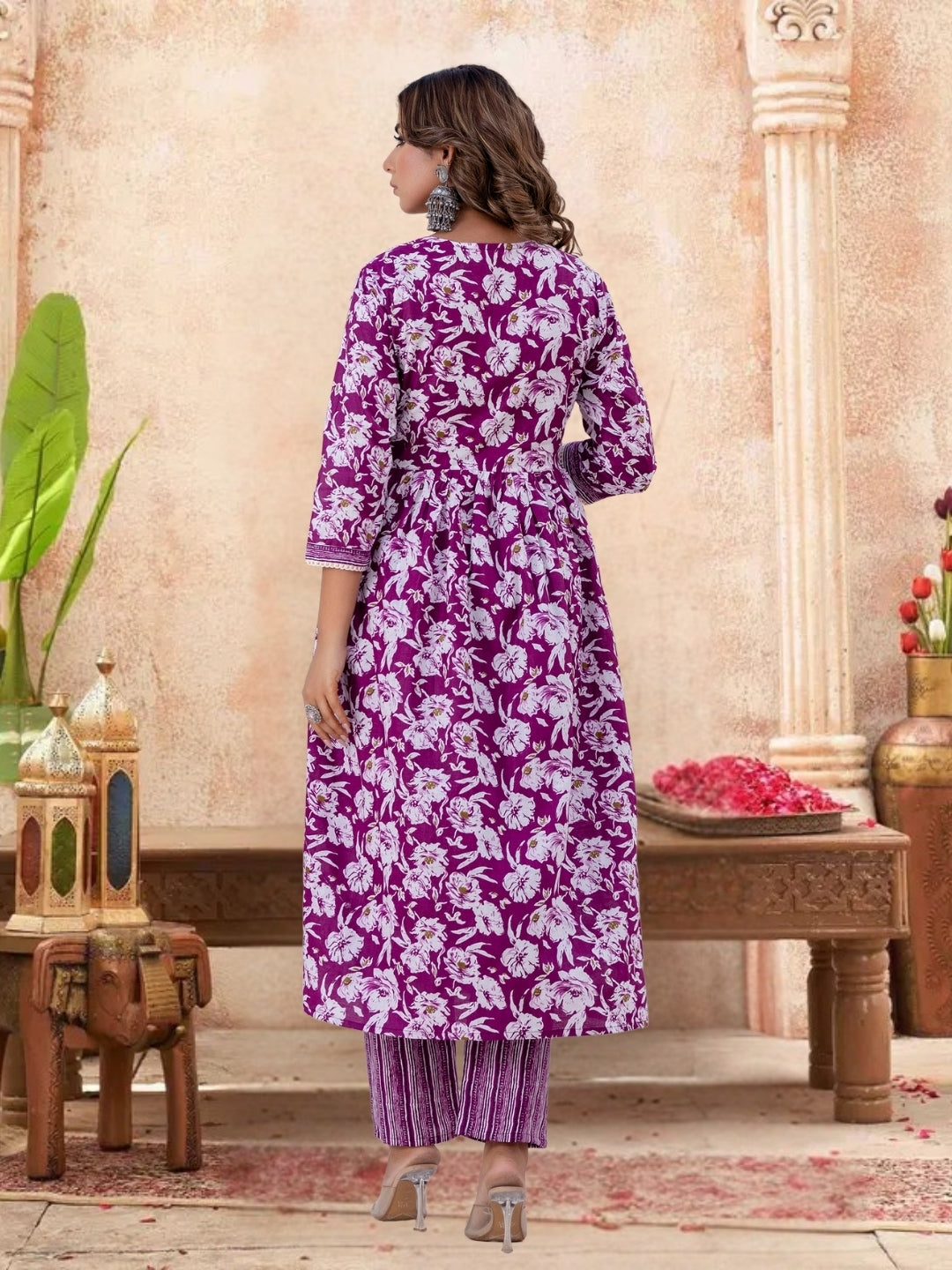 Purple Floral Printed Gathered Kurta Set With Striped Dupatta