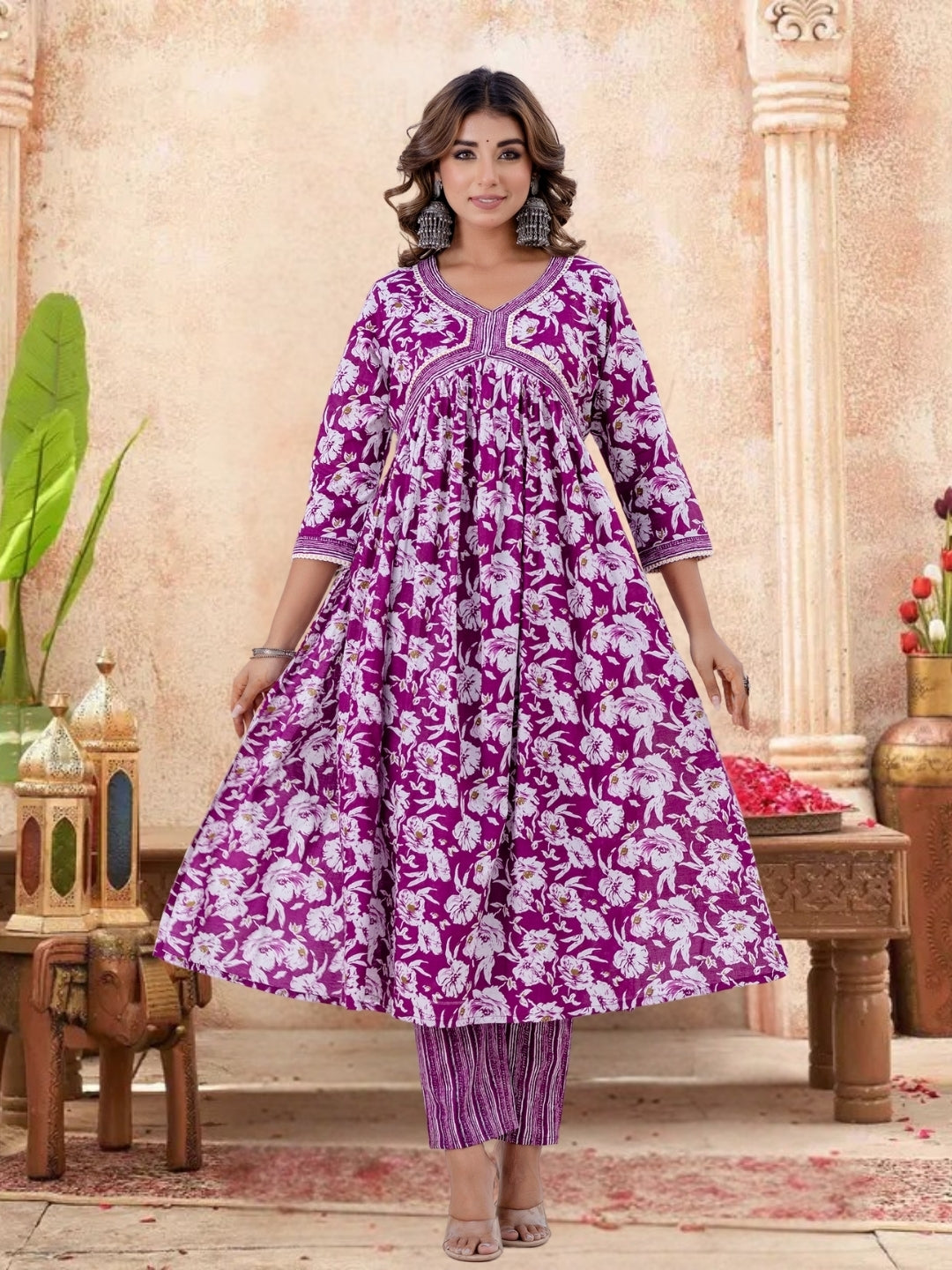 Purple Floral Printed Gathered Kurta Set With Striped Dupatta