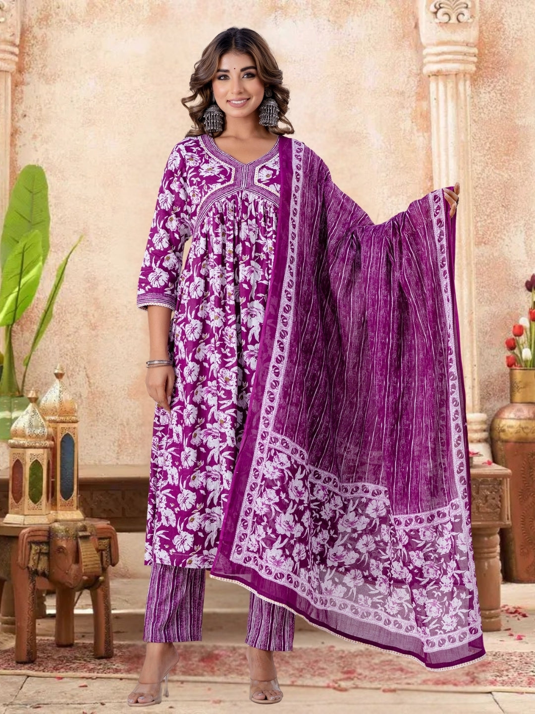Purple Floral Printed Gathered Kurta Set With Striped Dupatta