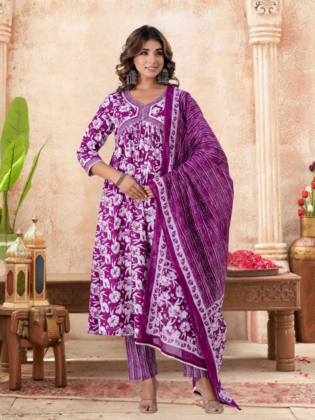 Purple Floral Printed Gathered Kurta Set With Striped Dupatta