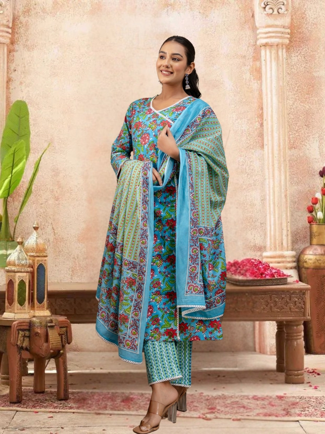 Floral Bliss Blue Cotton Kurta Set With Dupatta.