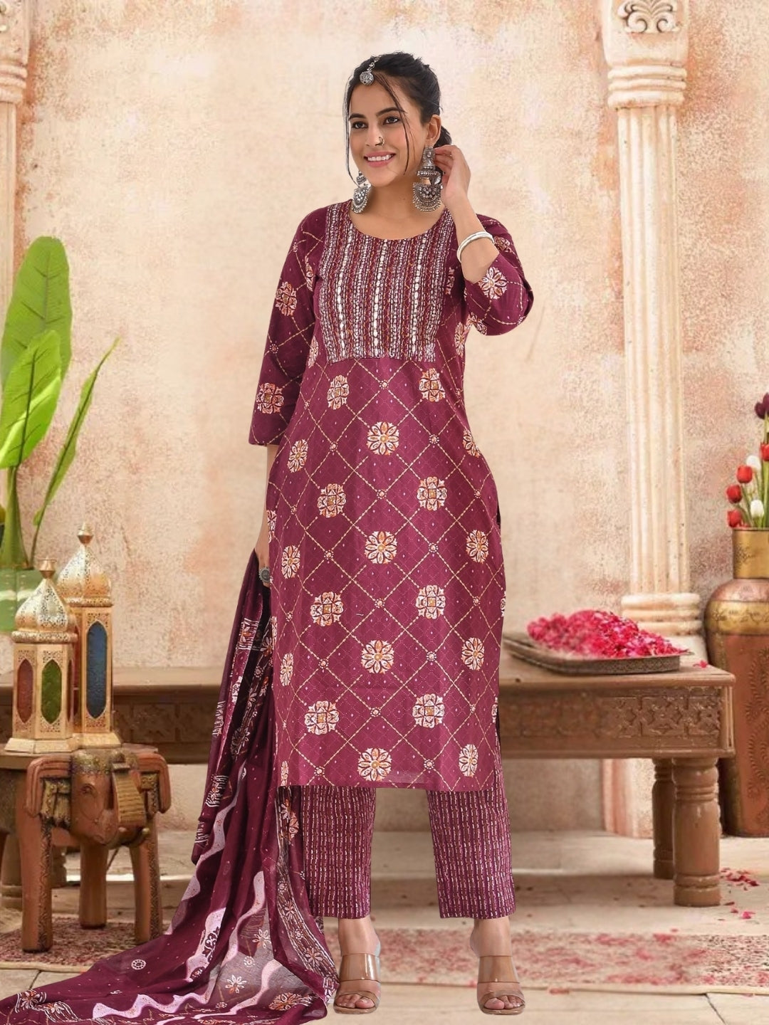 Maroon Bandhani Printed Kurta Set With Embroidered Yoke & Dupatta