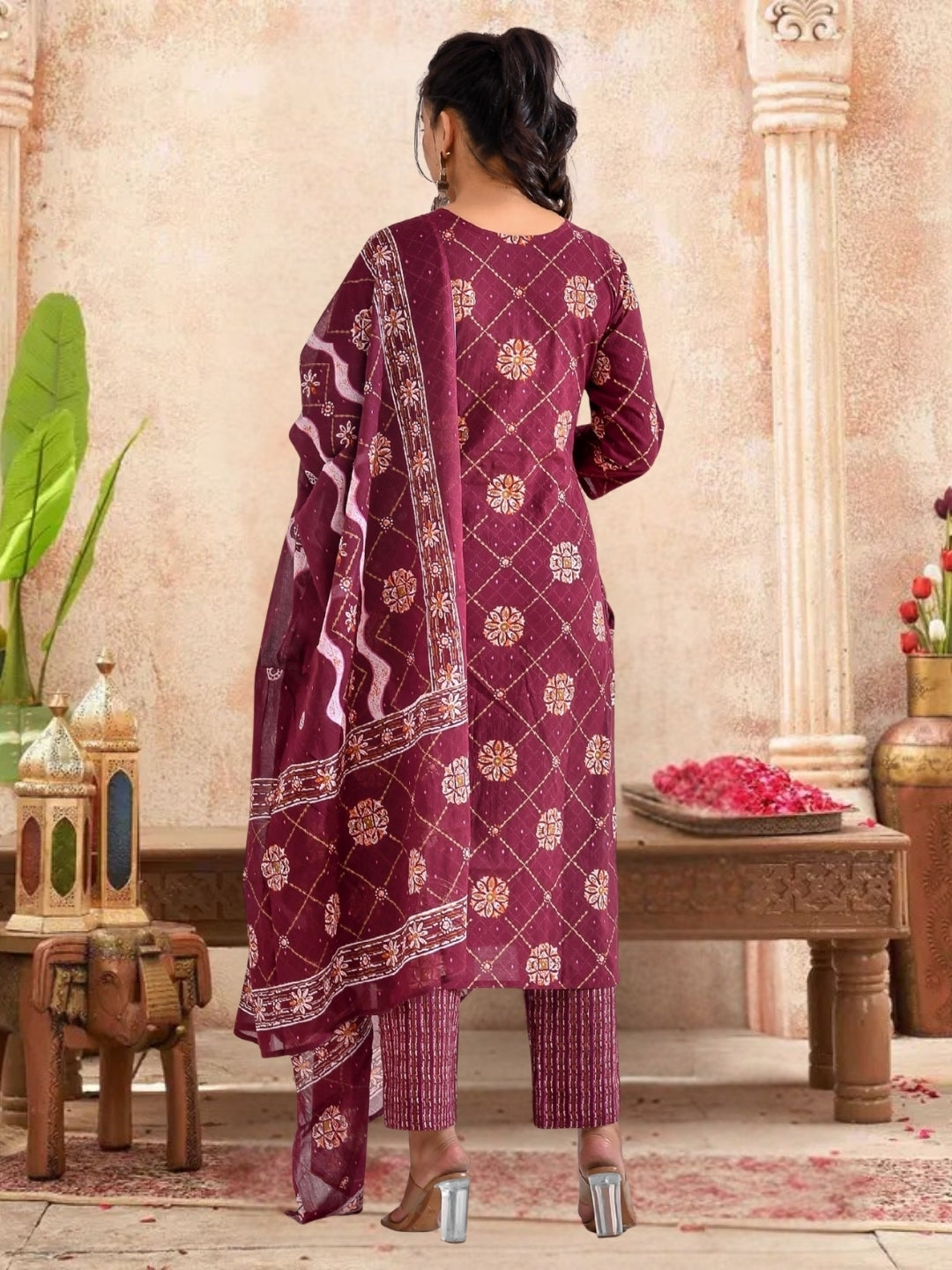 Maroon Bandhani Printed Kurta Set With Embroidered Yoke & Dupatta