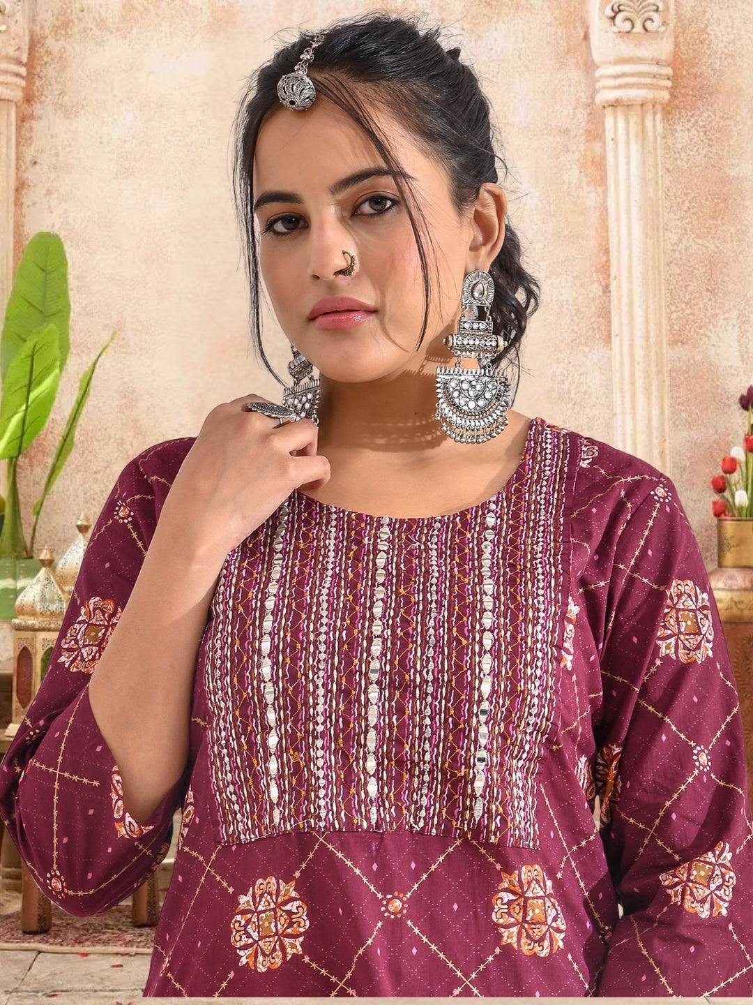 Maroon Bandhani Printed Kurta Set With Embroidered Yoke & Dupatta